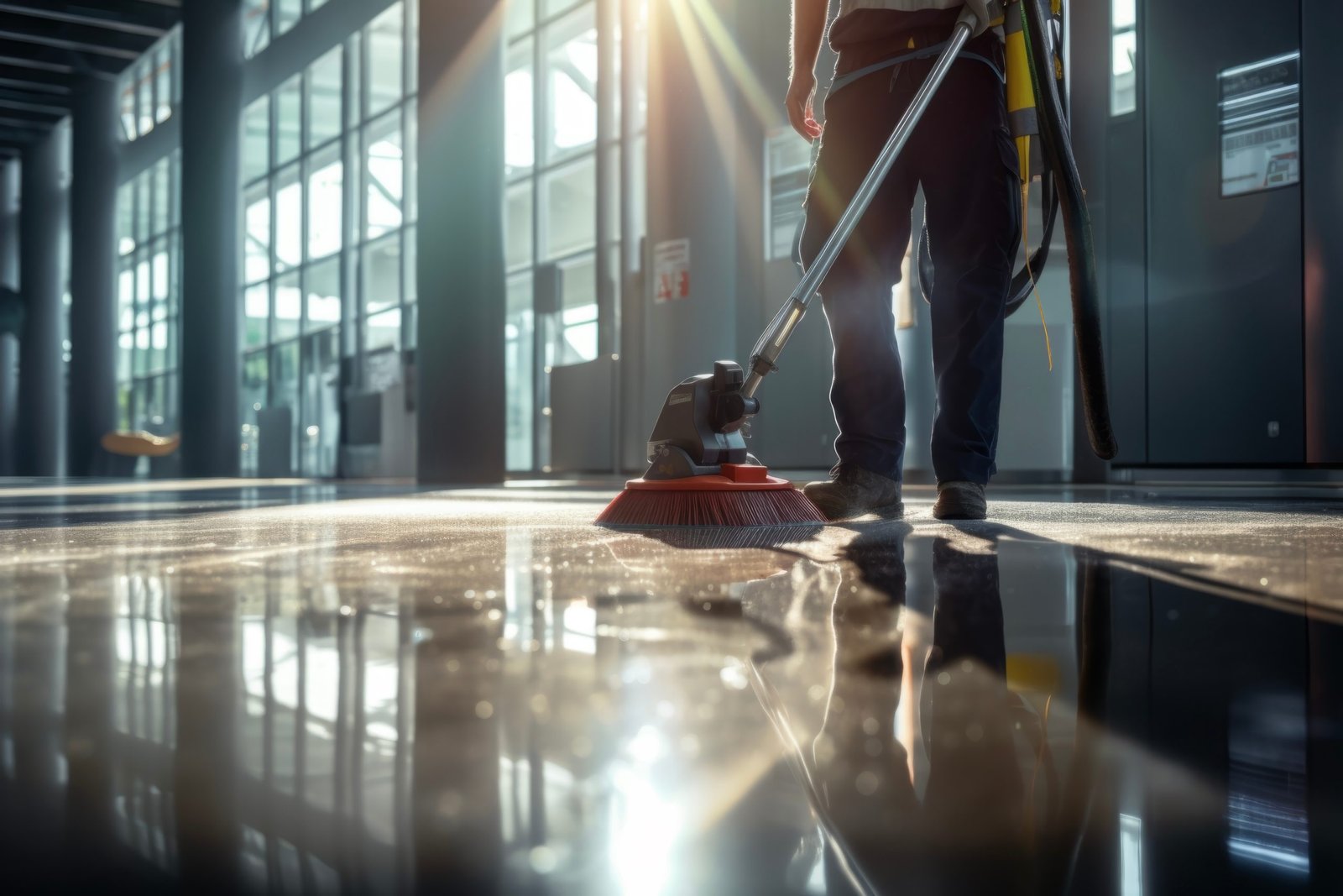 Worker washing office floor with washing machine in the sun shines. Working concept for work and cleaning. divi-cart-pro-about-2